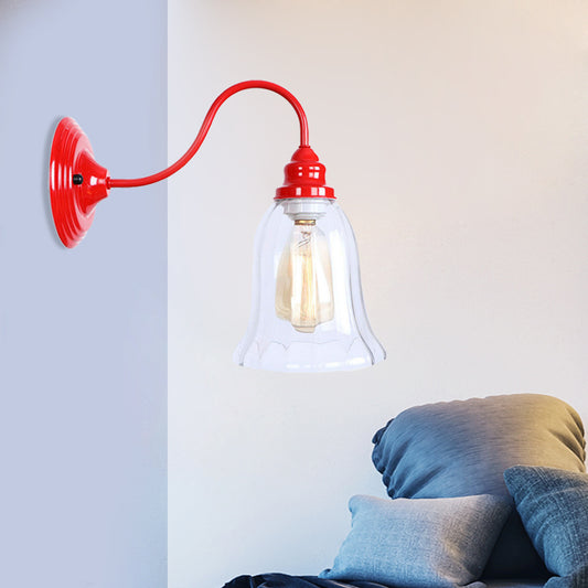 Red One Light Sconce Light Industrial Clear Textured Glass Bell Lighting Fixture Clearhalo 'Cast Iron' 'Glass' 'Industrial' 'Modern wall lights' 'Modern' 'Tiffany' 'Traditional wall lights' 'Wall Lamps & Sconces' 'Wall Lights' Lighting' 991154