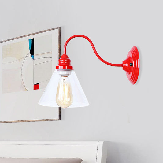One Bulb Wall Light with Cone Shade Clear Glass Industrial Bedroom Sconce Lighting Fixture in Red Clearhalo 'Cast Iron' 'Glass' 'Industrial' 'Modern wall lights' 'Modern' 'Tiffany' 'Traditional wall lights' 'Wall Lamps & Sconces' 'Wall Lights' Lighting' 991159