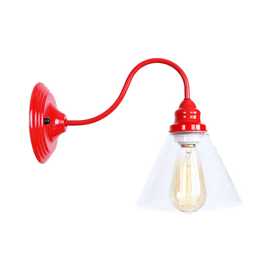 One Bulb Wall Light with Cone Shade Clear Glass Industrial Bedroom Sconce Lighting Fixture in Red Clearhalo 'Cast Iron' 'Glass' 'Industrial' 'Modern wall lights' 'Modern' 'Tiffany' 'Traditional wall lights' 'Wall Lamps & Sconces' 'Wall Lights' Lighting' 991160
