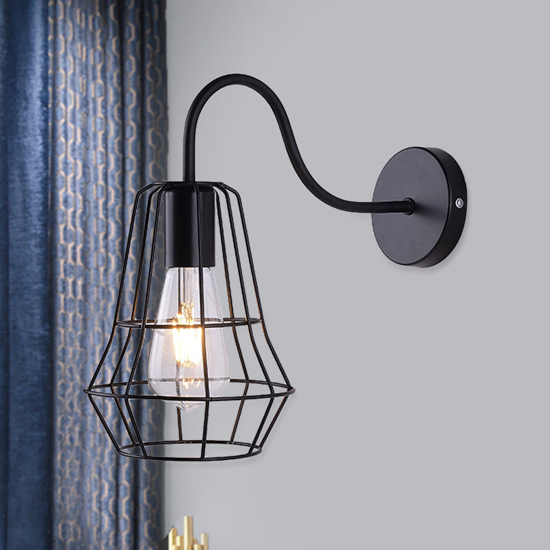 Gooseneck Arm Living Room Wall Light with Cage Shade Retro Style Metal 1 Light Black Finish Wall Sconce Black Clearhalo 'Art deco wall lights' 'Cast Iron' 'Glass' 'Industrial wall lights' 'Industrial' 'Middle century wall lights' 'Modern' 'Rustic wall lights' 'Tiffany' 'Traditional wall lights' 'Wall Lamps & Sconces' 'Wall Lights' Lighting' 991162