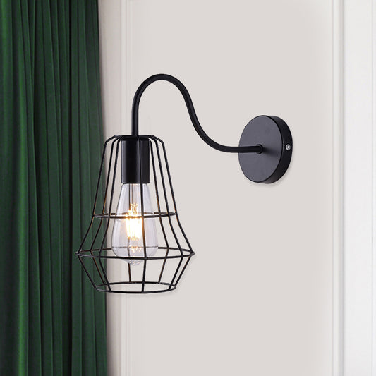 Gooseneck Arm Living Room Wall Light with Cage Shade Retro Style Metal 1 Light Black Finish Wall Sconce Clearhalo 'Art deco wall lights' 'Cast Iron' 'Glass' 'Industrial wall lights' 'Industrial' 'Middle century wall lights' 'Modern' 'Rustic wall lights' 'Tiffany' 'Traditional wall lights' 'Wall Lamps & Sconces' 'Wall Lights' Lighting' 991163