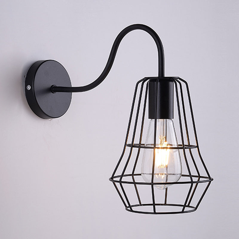 Gooseneck Arm Living Room Wall Light with Cage Shade Retro Style Metal 1 Light Black Finish Wall Sconce Clearhalo 'Art deco wall lights' 'Cast Iron' 'Glass' 'Industrial wall lights' 'Industrial' 'Middle century wall lights' 'Modern' 'Rustic wall lights' 'Tiffany' 'Traditional wall lights' 'Wall Lamps & Sconces' 'Wall Lights' Lighting' 991165
