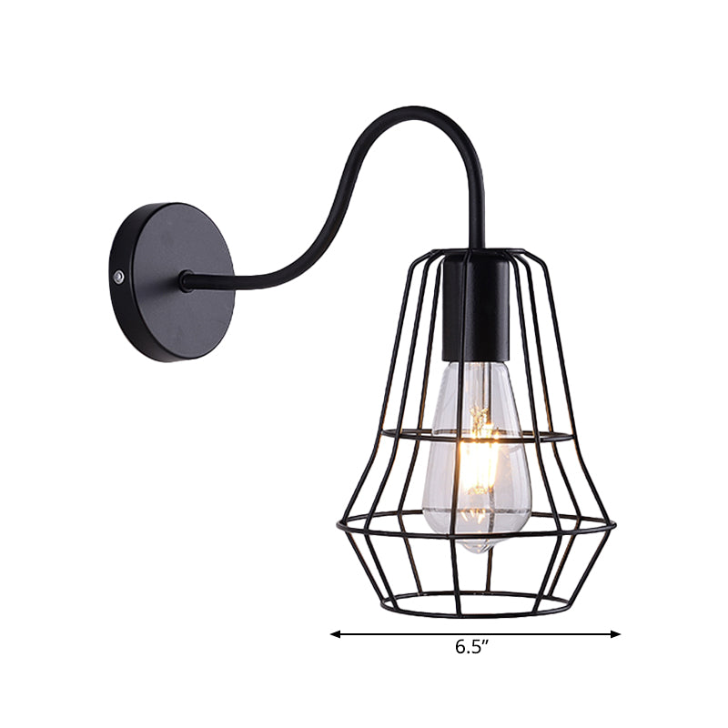 Gooseneck Arm Living Room Wall Light with Cage Shade Retro Style Metal 1 Light Black Finish Wall Sconce Clearhalo 'Art deco wall lights' 'Cast Iron' 'Glass' 'Industrial wall lights' 'Industrial' 'Middle century wall lights' 'Modern' 'Rustic wall lights' 'Tiffany' 'Traditional wall lights' 'Wall Lamps & Sconces' 'Wall Lights' Lighting' 991166