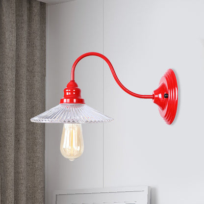 Cone Clear Ribbed Glass Wall Mounted Lamp Industrial Single Bulb Bedroom Sconce Light in Red Clear Clearhalo 'Cast Iron' 'Glass' 'Industrial' 'Modern wall lights' 'Modern' 'Tiffany' 'Traditional wall lights' 'Wall Lamps & Sconces' 'Wall Lights' Lighting' 991172