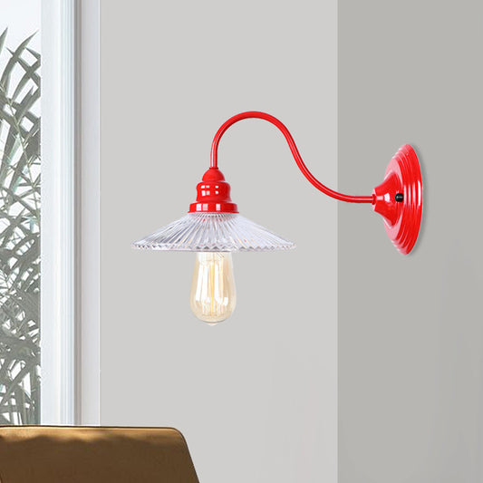 Cone Clear Ribbed Glass Wall Mounted Lamp Industrial Single Bulb Bedroom Sconce Light in Red Clearhalo 'Cast Iron' 'Glass' 'Industrial' 'Modern wall lights' 'Modern' 'Tiffany' 'Traditional wall lights' 'Wall Lamps & Sconces' 'Wall Lights' Lighting' 991174