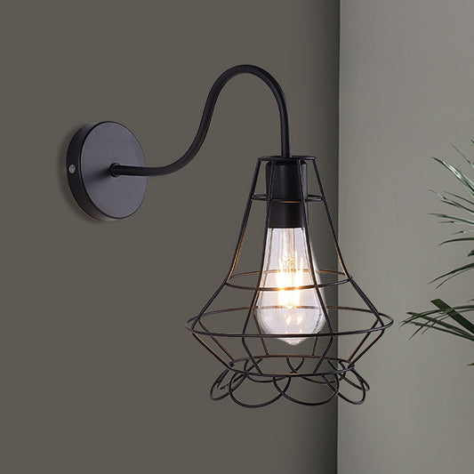 Vase Cage Metallic Wall Light Fixture Vintage 1 Head Restaurant Wall Fixture Light with Curved Arm in Black Black Clearhalo 'Art deco wall lights' 'Cast Iron' 'Glass' 'Industrial wall lights' 'Industrial' 'Middle century wall lights' 'Modern' 'Rustic wall lights' 'Tiffany' 'Traditional wall lights' 'Wall Lamps & Sconces' 'Wall Lights' Lighting' 991182
