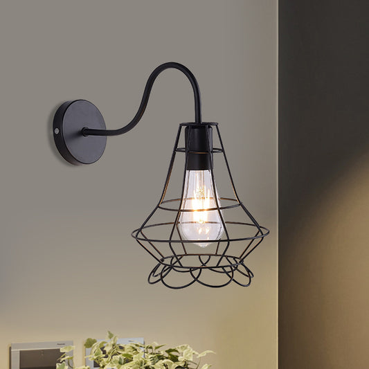 Vase Cage Metallic Wall Light Fixture Vintage 1 Head Restaurant Wall Fixture Light with Curved Arm in Black Clearhalo 'Art deco wall lights' 'Cast Iron' 'Glass' 'Industrial wall lights' 'Industrial' 'Middle century wall lights' 'Modern' 'Rustic wall lights' 'Tiffany' 'Traditional wall lights' 'Wall Lamps & Sconces' 'Wall Lights' Lighting' 991183