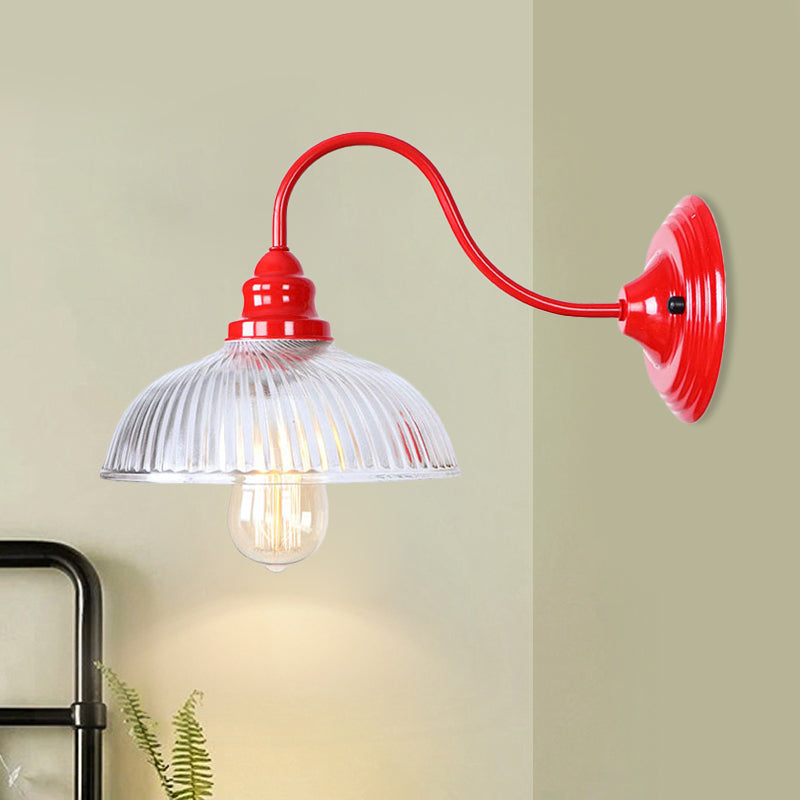 Red Dome Wall Lighting Industrial Ribbed Glass 1 Light Living Room Sconce Light Fixture Clear Clearhalo 'Cast Iron' 'Glass' 'Industrial' 'Modern wall lights' 'Modern' 'Tiffany' 'Traditional wall lights' 'Wall Lamps & Sconces' 'Wall Lights' Lighting' 991222