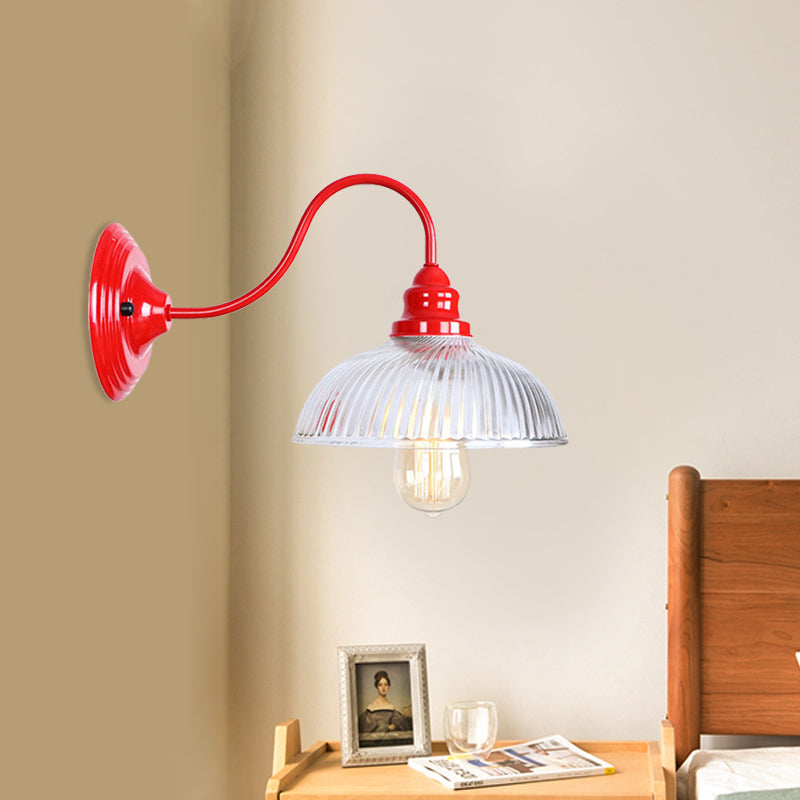 Red Dome Wall Lighting Industrial Ribbed Glass 1 Light Living Room Sconce Light Fixture Clearhalo 'Cast Iron' 'Glass' 'Industrial' 'Modern wall lights' 'Modern' 'Tiffany' 'Traditional wall lights' 'Wall Lamps & Sconces' 'Wall Lights' Lighting' 991224