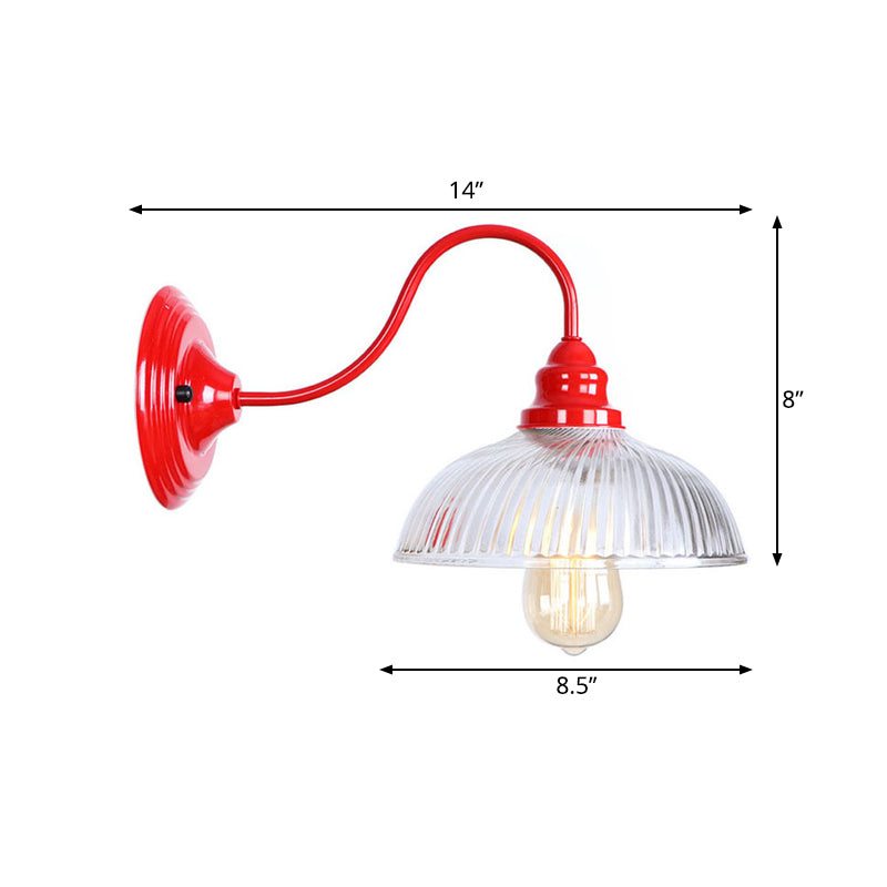Red Dome Wall Lighting Industrial Ribbed Glass 1 Light Living Room Sconce Light Fixture Clearhalo 'Cast Iron' 'Glass' 'Industrial' 'Modern wall lights' 'Modern' 'Tiffany' 'Traditional wall lights' 'Wall Lamps & Sconces' 'Wall Lights' Lighting' 991226