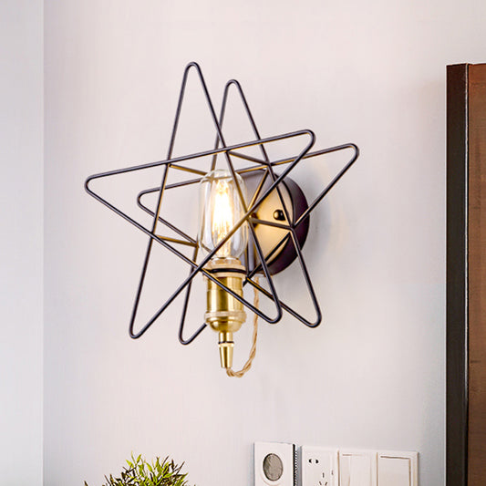 Metal Star-Caged Wall Lamp Sconce Loft Style 1 Bulb Bedroom Wall Lighting in Black/Gold Black Clearhalo 'Art deco wall lights' 'Cast Iron' 'Glass' 'Industrial wall lights' 'Industrial' 'Middle century wall lights' 'Modern' 'Rustic wall lights' 'Tiffany' 'Traditional wall lights' 'Wall Lamps & Sconces' 'Wall Lights' Lighting' 991232