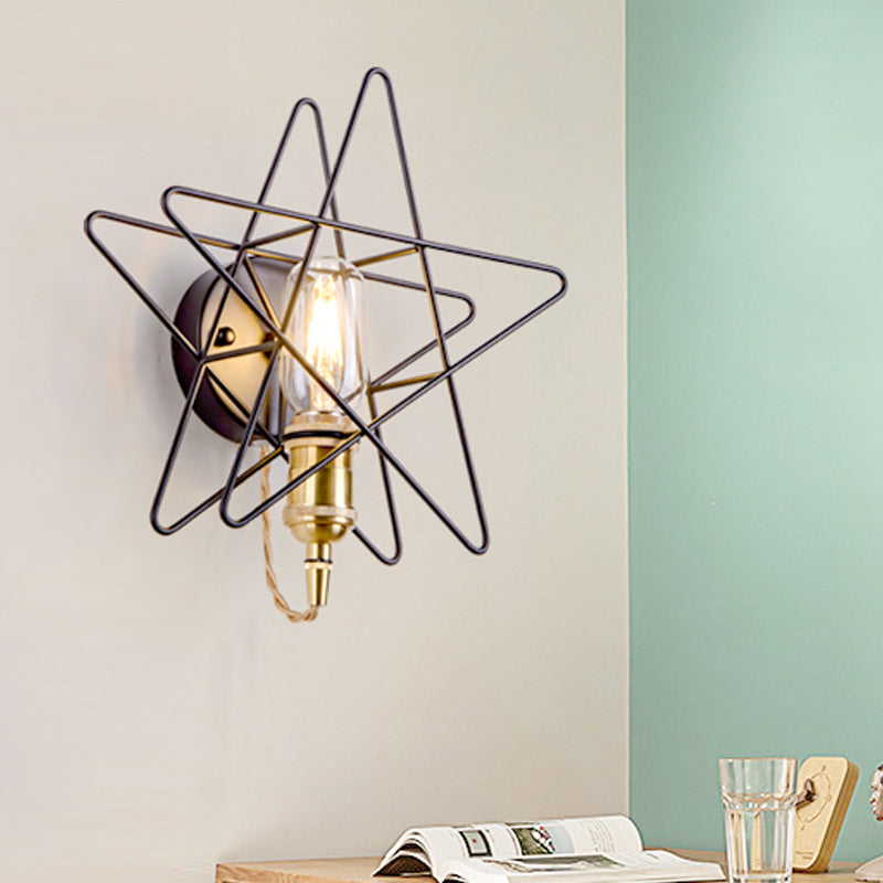 Metal Star-Caged Wall Lamp Sconce Loft Style 1 Bulb Bedroom Wall Lighting in Black/Gold Clearhalo 'Art deco wall lights' 'Cast Iron' 'Glass' 'Industrial wall lights' 'Industrial' 'Middle century wall lights' 'Modern' 'Rustic wall lights' 'Tiffany' 'Traditional wall lights' 'Wall Lamps & Sconces' 'Wall Lights' Lighting' 991233