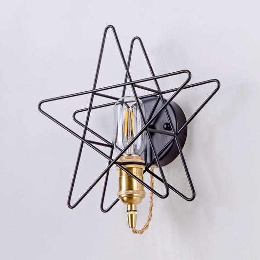Metal Star-Caged Wall Lamp Sconce Loft Style 1 Bulb Bedroom Wall Lighting in Black/Gold Clearhalo 'Art deco wall lights' 'Cast Iron' 'Glass' 'Industrial wall lights' 'Industrial' 'Middle century wall lights' 'Modern' 'Rustic wall lights' 'Tiffany' 'Traditional wall lights' 'Wall Lamps & Sconces' 'Wall Lights' Lighting' 991235