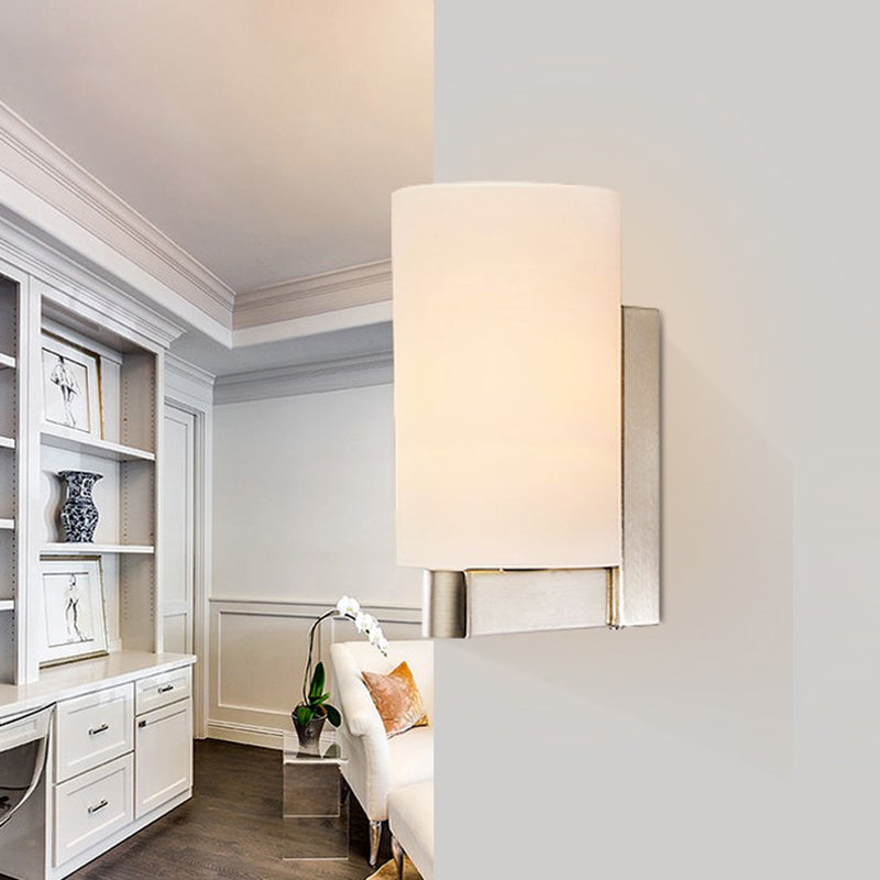 White Glass Cylinder Wall Lamp Modern 1 Light Chrome Sconce Light Fixture for Passage Clearhalo 'Cast Iron' 'Glass' 'Industrial' 'Modern wall lights' 'Modern' 'Tiffany' 'Traditional wall lights' 'Wall Lamps & Sconces' 'Wall Lights' Lighting' 991254