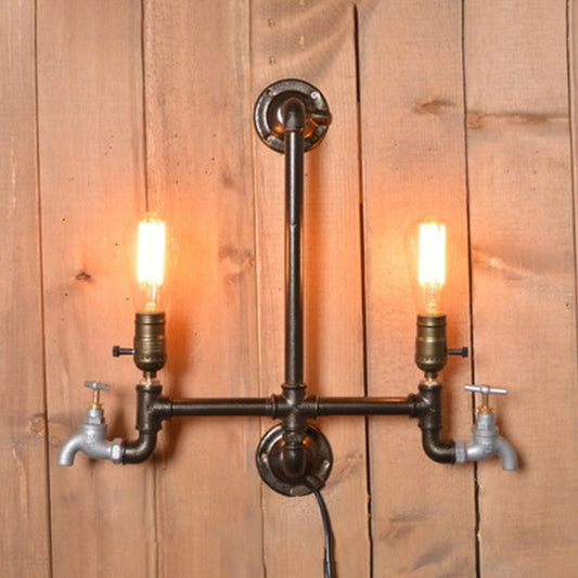 Wrought Iron Piped Wall Mount Light with Water Tap Rustic 2 Bulbs Restaurant Wall Sconce Light in Black Black Clearhalo 'Art deco wall lights' 'Cast Iron' 'Glass' 'Industrial wall lights' 'Industrial' 'Middle century wall lights' 'Modern' 'Rustic wall lights' 'Tiffany' 'Traditional wall lights' 'Wall Lamps & Sconces' 'Wall Lights' Lighting' 99145