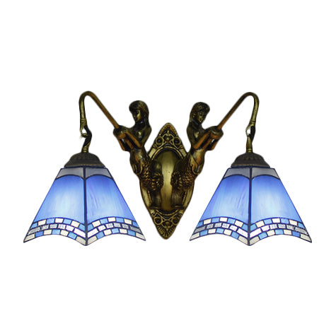 Pyramid Blue Glass Sconce Lighting Mediterranean 2 Head Antique Bronze Wall Mount Light Clearhalo 'Industrial' 'Middle century wall lights' 'Tiffany wall lights' 'Tiffany' 'Wall Lamps & Sconces' 'Wall Lights' Lighting' 99172