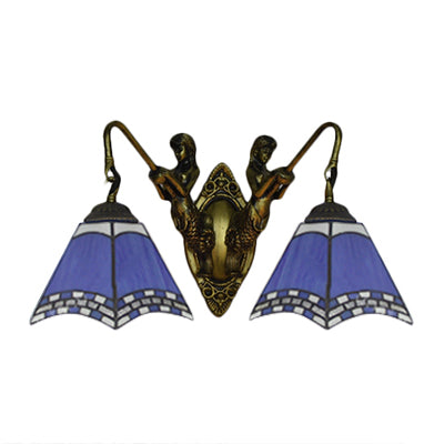 Pyramid Blue Glass Sconce Lighting Mediterranean 2 Head Antique Bronze Wall Mount Light Clearhalo 'Industrial' 'Middle century wall lights' 'Tiffany wall lights' 'Tiffany' 'Wall Lamps & Sconces' 'Wall Lights' Lighting' 99173
