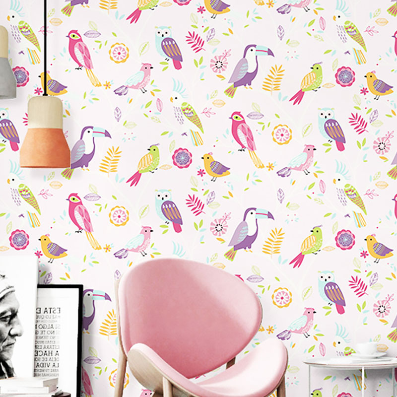 Pastel Color Simple Wallpaper 900 Bird and Lemon Wall Art for Kid's Bedroom Pink Clearhalo 'Wall Decor' 'Wallpaper' 991762