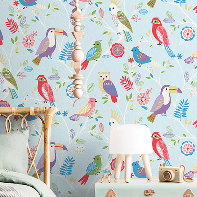 Pastel Color Simple Wallpaper 900 Bird and Lemon Wall Art for Kid's Bedroom Blue Clearhalo 'Wall Decor' 'Wallpaper' 991766