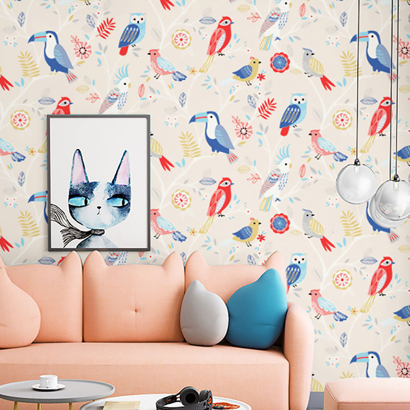 Pastel Color Simple Wallpaper 900 Bird and Lemon Wall Art for Kid's Bedroom Beige Clearhalo 'Wall Decor' 'Wallpaper' 991770