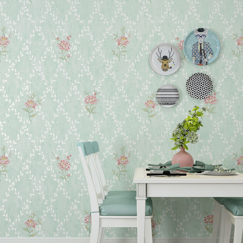 Dense Flower Design Wallpaper Roll for Living Room Decor, Pastel Color, 31 ft. x 20.5 in Light Green Clearhalo 'Country wall decor' 'Rustic' 'Wallpaper' Wall Decor' 991789