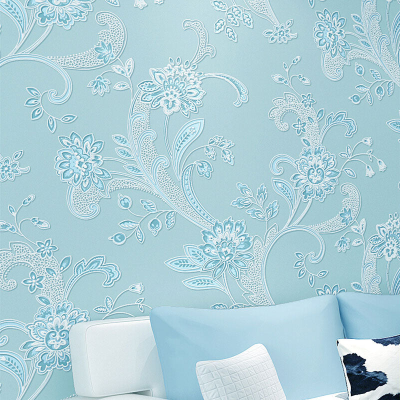 Blossoms and Leaves Wallpaper Roll for Guest Room in Pastel Color, 33-foot x 20.5-inch Blue Clearhalo 'Country wall decor' 'Rustic' 'Wallpaper' Wall Decor' 991854