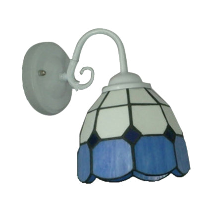 Tiffany Lattice White Domed Wall Sconce with Blue Edge 1 Light Art Glass Wall Lamp for Restaurant Clearhalo 'Industrial' 'Middle century wall lights' 'Tiffany wall lights' 'Tiffany' 'Wall Lamps & Sconces' 'Wall Lights' Lighting' 99185