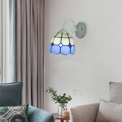 Tiffany Lattice White Domed Wall Sconce with Blue Edge 1 Light Art Glass Wall Lamp for Restaurant Blue Clearhalo 'Industrial' 'Middle century wall lights' 'Tiffany wall lights' 'Tiffany' 'Wall Lamps & Sconces' 'Wall Lights' Lighting' 99186
