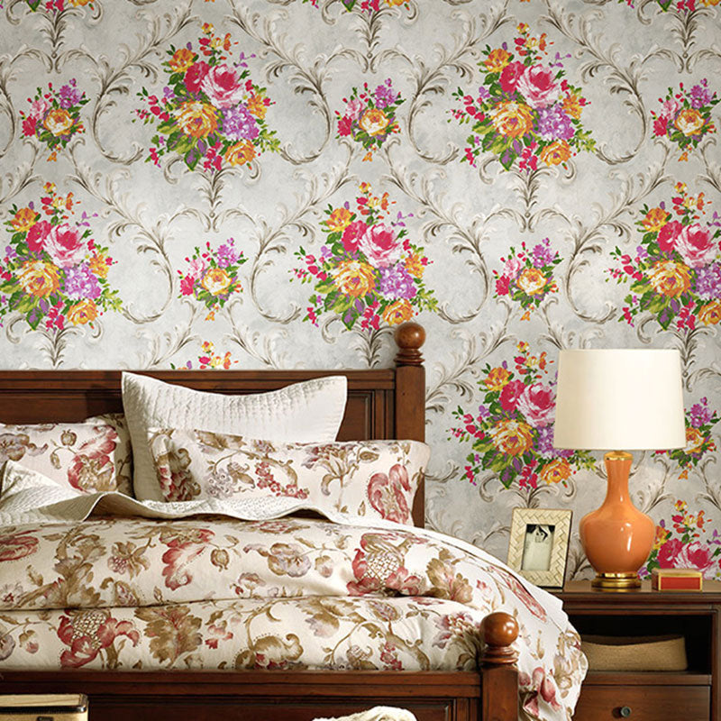 Countryside Blossoming Flower Wall Decor in Grey and Red Leaves Wallpaper, 33'L x 20.5"W Gray-Red Clearhalo 'Vintage wall decor' 'Vintage' 'Wallpaper' Wall Decor' 991873