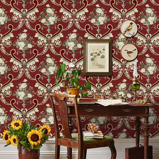 Stain-Resistant Damask Design Wallpaper 33'L x 20.5"W Classic Wall Decor for Guest Room Red Clearhalo 'Country wall decor' 'Rustic' 'Wallpaper' Wall Decor' 991886