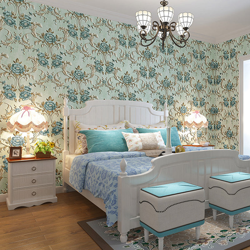 33' x 20.5" Flowers Wallpaper for Guest Room Decor Leaves Wall Covering in Neutral Color, Water-Resistant Blue Clearhalo 'Vintage wall decor' 'Vintage' 'Wallpaper' Wall Decor' 991903