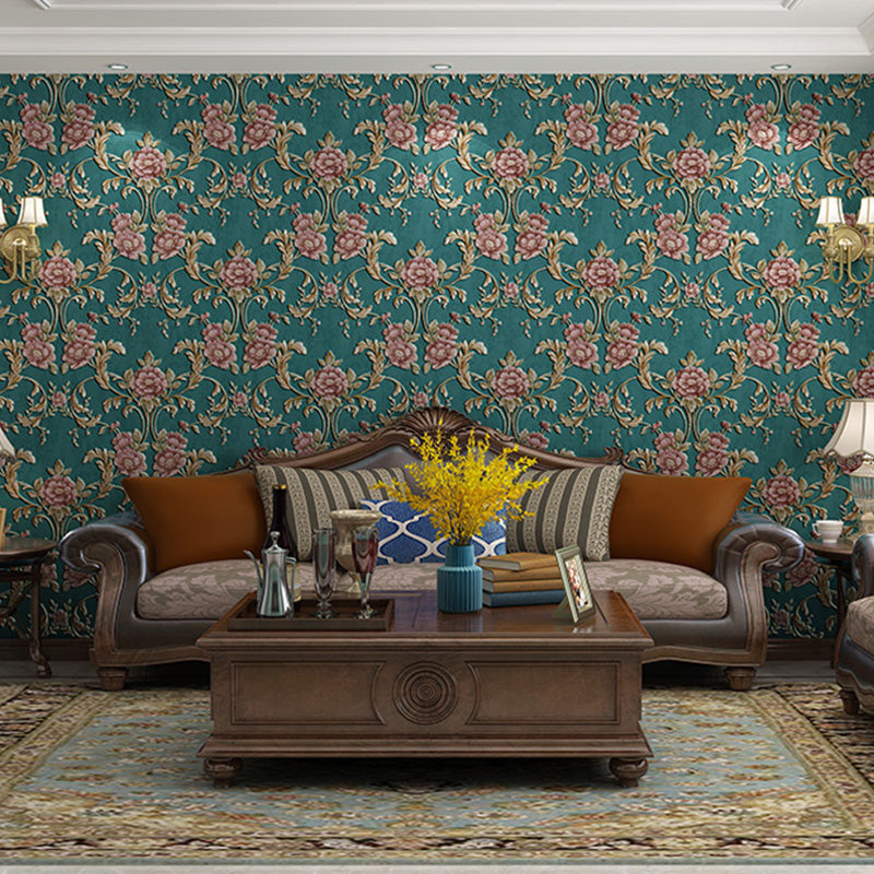 33' x 20.5" Flowers Wallpaper for Guest Room Decor Leaves Wall Covering in Neutral Color, Water-Resistant Peacock Green Clearhalo 'Vintage wall decor' 'Vintage' 'Wallpaper' Wall Decor' 991909