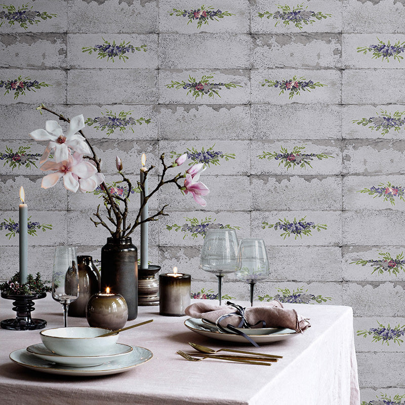 Brick Effect Wall Covering for Coffee Shop Decoration Floral Design Wallpaper in Natural Color, Stain-Resistant Light Gray Clearhalo 'Industrial wall decor' 'Industrial' 'Wallpaper' Wall Decor' 992008