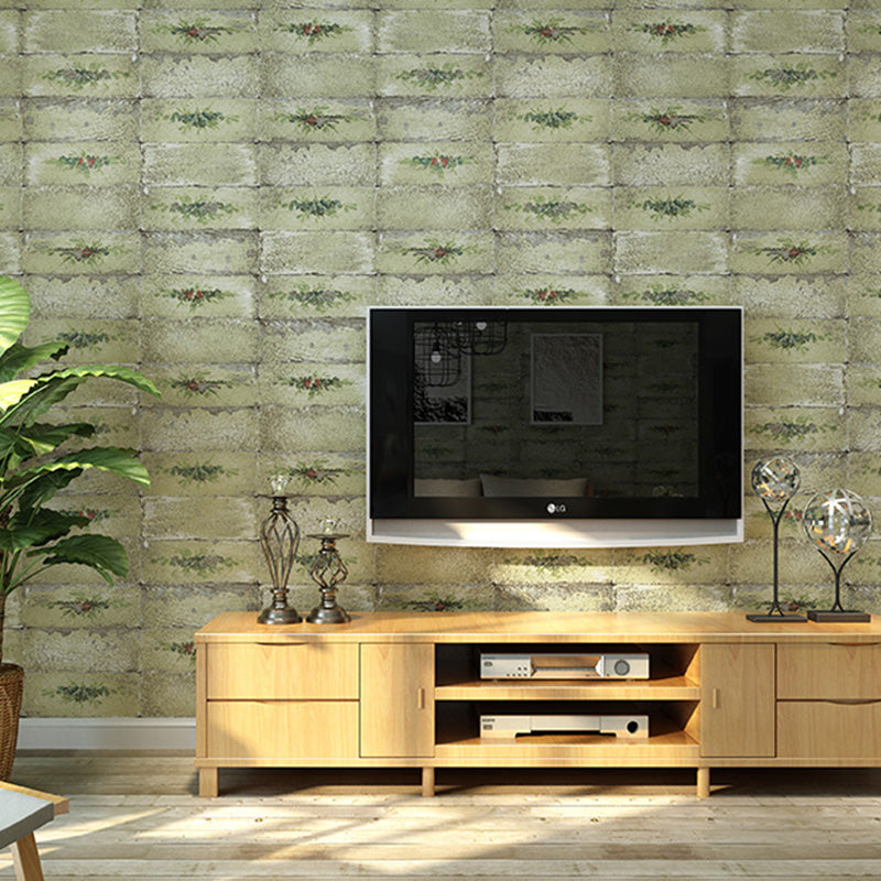Brick Effect Wall Covering for Coffee Shop Decoration Floral Design Wallpaper in Natural Color, Stain-Resistant Green Clearhalo 'Industrial wall decor' 'Industrial' 'Wallpaper' Wall Decor' 992013