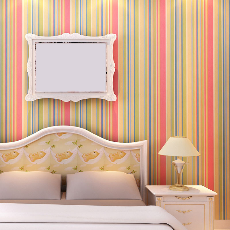 Latitudinal Stripe Wall Art for Children's Bedroom Rainbow Wallpaper Roll, Stain-Resistant Pink Clearhalo 'Modern wall decor' 'Modern' 'Wallpaper' Wall Decor' 992103