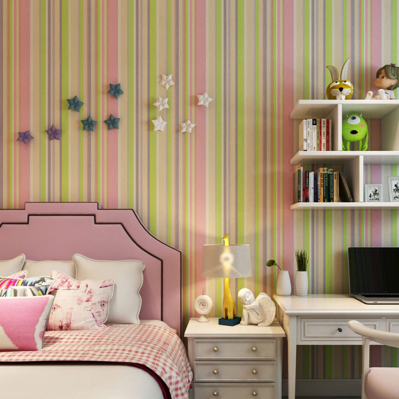 Latitudinal Stripe Wall Art for Children's Bedroom Rainbow Wallpaper Roll, Stain-Resistant Light Pink Clearhalo 'Modern wall decor' 'Modern' 'Wallpaper' Wall Decor' 992107