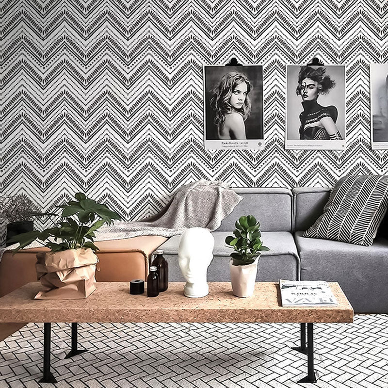 Waving Lines Wallpaper Roll for Living Room Decor in Black and White, Easy to Remove, 29.1 sq ft. Clearhalo 'Modern wall decor' 'Modern' 'Wallpaper' Wall Decor' 992454