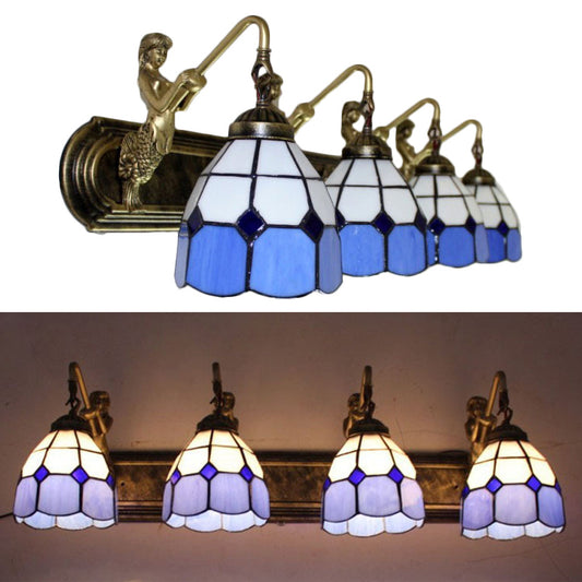Mediterranean Grid Patterned Sconce Light 4 Heads Blue Glass Wall Mounted Light Fixture Clearhalo 'Industrial' 'Middle century wall lights' 'Tiffany wall lights' 'Tiffany' 'Wall Lamps & Sconces' 'Wall Lights' Lighting' 99254
