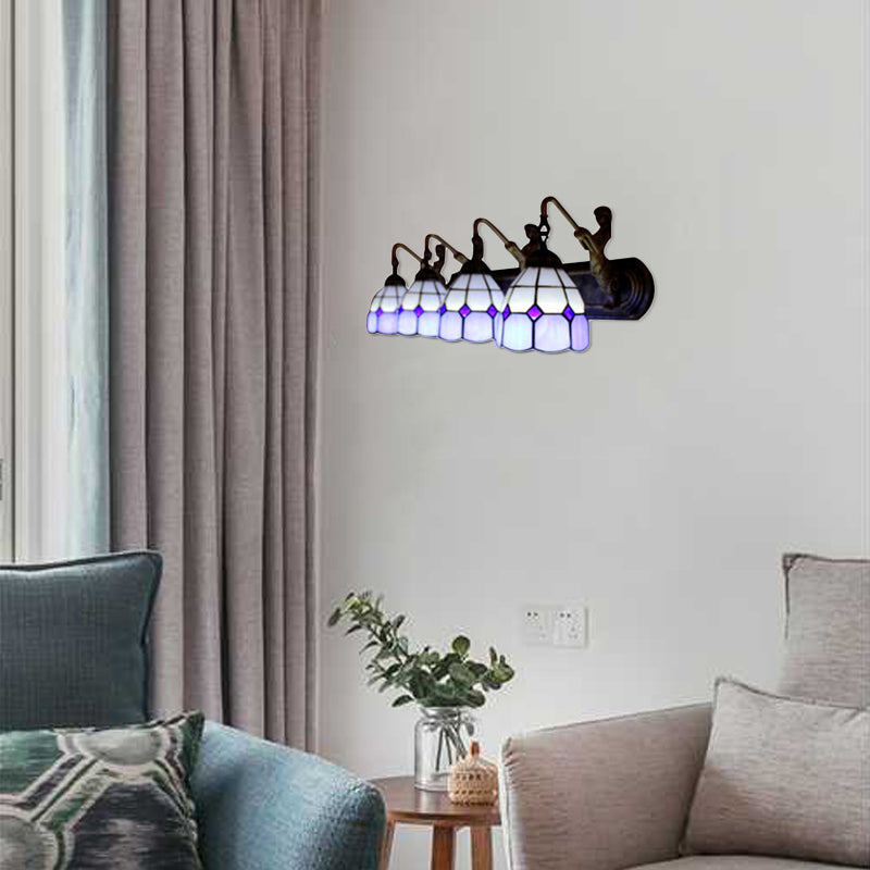 Mediterranean Grid Patterned Sconce Light 4 Heads Blue Glass Wall Mounted Light Fixture Blue Clearhalo 'Industrial' 'Middle century wall lights' 'Tiffany wall lights' 'Tiffany' 'Wall Lamps & Sconces' 'Wall Lights' Lighting' 99255
