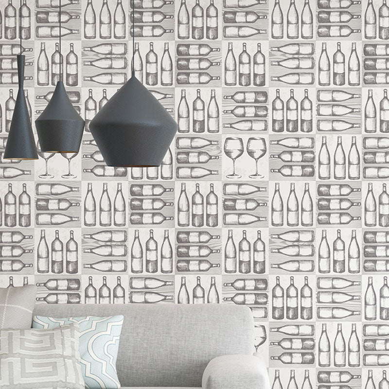 Wine Bottles Wallpaper Roll for Coffee Shop Decor in Natural Color, 20.5"W x 33'L Gray-White Clearhalo 'Industrial wall decor' 'Industrial' 'Wallpaper' Wall Decor' 992599
