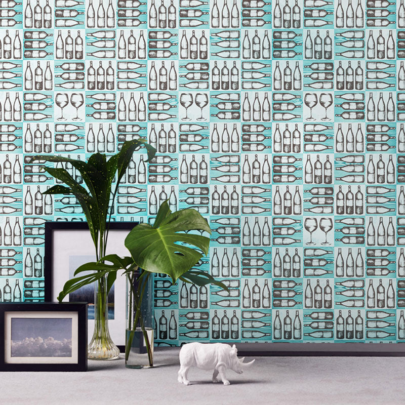 Wine Bottles Wallpaper Roll for Coffee Shop Decor in Natural Color, 20.5"W x 33'L Blue-Green Clearhalo 'Industrial wall decor' 'Industrial' 'Wallpaper' Wall Decor' 992602