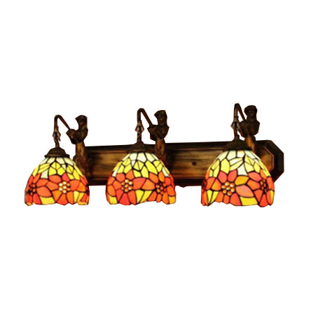 Dome Orange Glass Sconce Light Fixture Victorian 3 Heads Antique Brass Wall Mounted Light with Flower Pattern Clearhalo 'Industrial' 'Middle century wall lights' 'Tiffany wall lights' 'Tiffany' 'Wall Lamps & Sconces' 'Wall Lights' Lighting' 99261