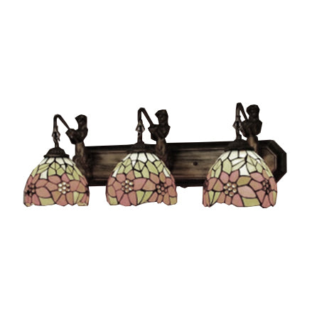 Dome Orange Glass Sconce Light Fixture Victorian 3 Heads Antique Brass Wall Mounted Light with Flower Pattern Clearhalo 'Industrial' 'Middle century wall lights' 'Tiffany wall lights' 'Tiffany' 'Wall Lamps & Sconces' 'Wall Lights' Lighting' 99262