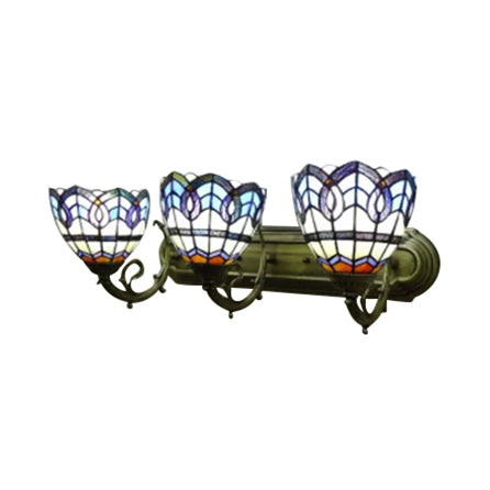 Tiffany Baroque Designed Wall Light 3 Lights Stained Glass Wall Sconce in Blue for Study Room Blue Clearhalo 'Industrial' 'Middle century wall lights' 'Tiffany wall lights' 'Tiffany' 'Wall Lamps & Sconces' 'Wall Lights' Lighting' 99265