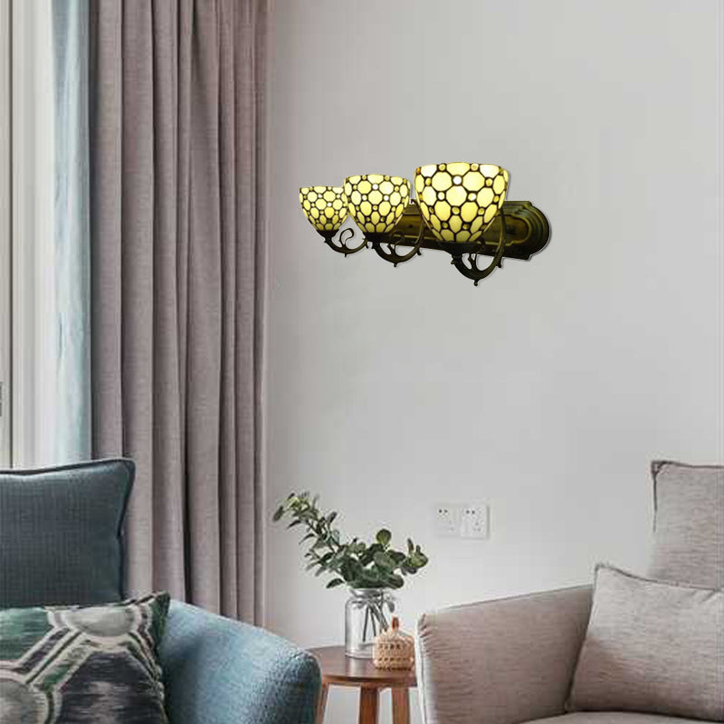 Bowl Study Room Wall Light with Bead Glass 3 Heads Tiffany Traditional Wall Lamp in Beige Beige Clearhalo 'Industrial' 'Middle century wall lights' 'Tiffany wall lights' 'Tiffany' 'Wall Lamps & Sconces' 'Wall Lights' Lighting' 99285