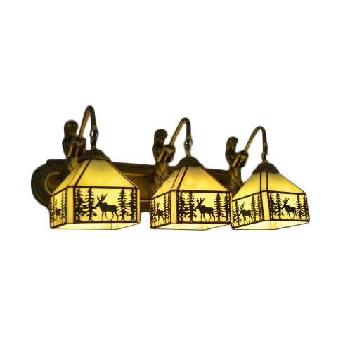 3 Lights Lodge Wall Sconce Rustic Stylish Glass Wall Lamp in Beige with Forest Deer for Restaurant Clearhalo 'Industrial' 'Middle century wall lights' 'Tiffany wall lights' 'Tiffany' 'Wall Lamps & Sconces' 'Wall Lights' Lighting' 99306