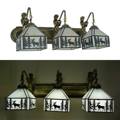 3 Lights Lodge Wall Sconce Rustic Stylish Glass Wall Lamp in Beige with Forest Deer for Restaurant Clearhalo 'Industrial' 'Middle century wall lights' 'Tiffany wall lights' 'Tiffany' 'Wall Lamps & Sconces' 'Wall Lights' Lighting' 99307