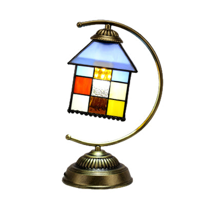 Hotel Hanging House Desk Light Stained Glass 1 Light Tiffany Creative Desk Lamp in Brass Finish Brass Clearhalo 'Lamps' 'Table Lamps' Lighting' 99340