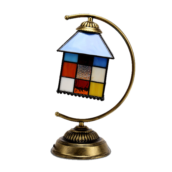 Hotel Hanging House Desk Light Stained Glass 1 Light Tiffany Creative Desk Lamp in Brass Finish Clearhalo 'Lamps' 'Table Lamps' Lighting' 99341