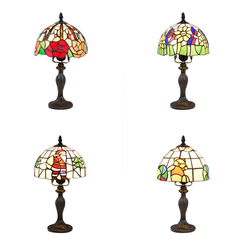 Vivid Blossom Desk Light with Rose/Butterfly/Bear/Santa Claus Pattern Tiffany Rustic Stained Glass Desk Lamp for Study Room Clearhalo 'Lamps' 'Table Lamps' Lighting' 99347